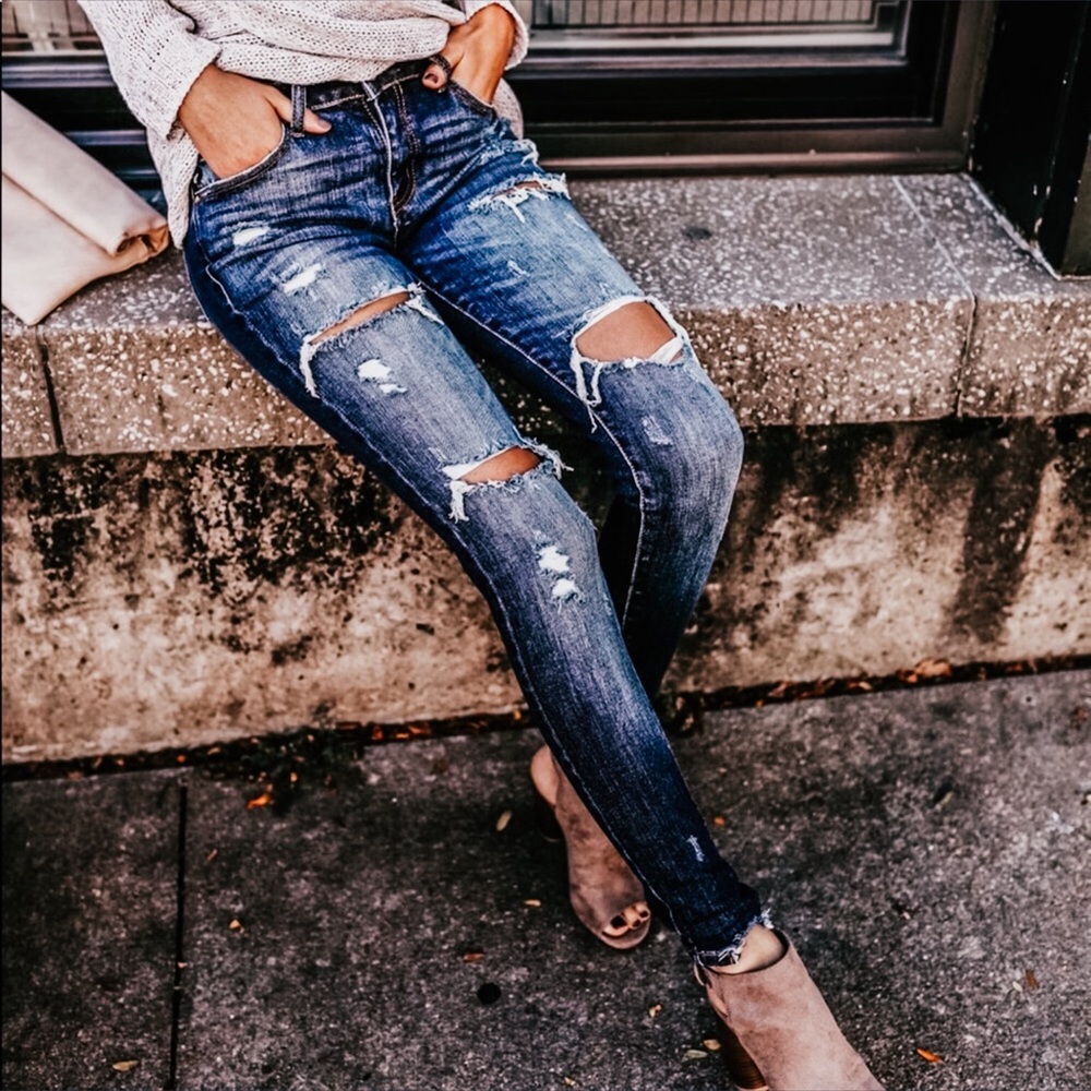 Distressed Denim Ankle Skinny Dark Wash Jeans - Picture 1 of 9